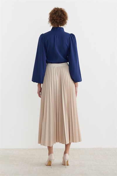Beli lastikli Pliseli Etek Bej