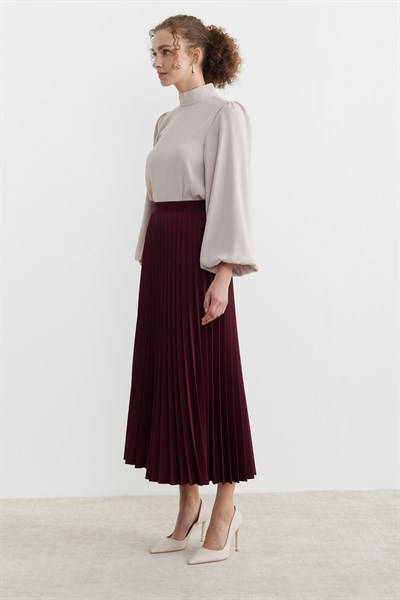 Beli lastikli Pliseli Etek Bordo