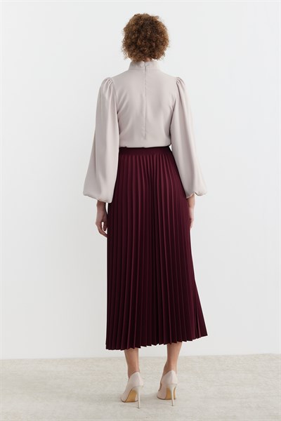 Beli lastikli Pliseli Etek Bordo