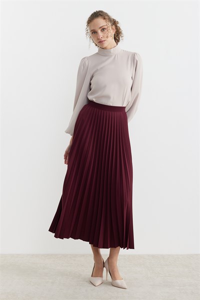 Beli lastikli Pliseli Etek Bordo