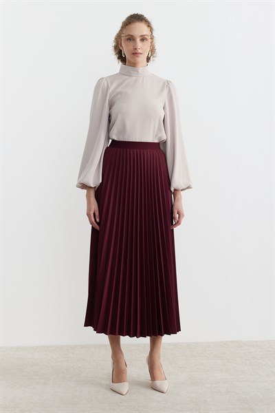 Beli lastikli Pliseli Etek Bordo
