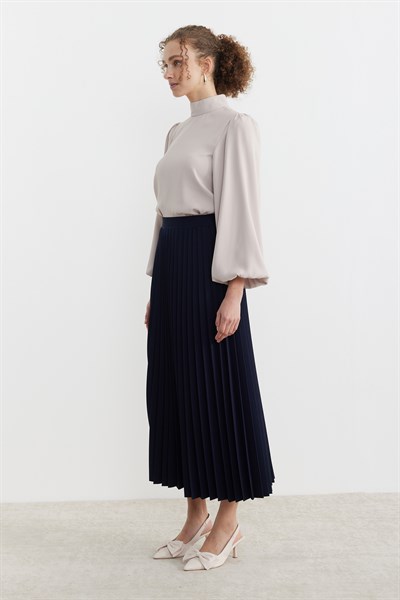 Beli lastikli Pliseli Etek Lacivert