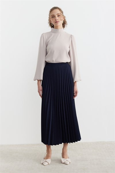 Beli lastikli Pliseli Etek Lacivert