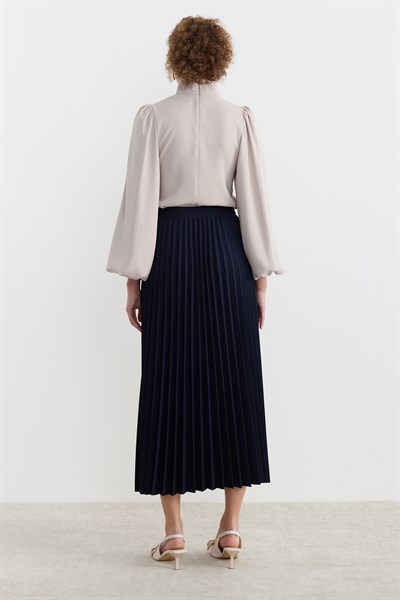 Beli lastikli Pliseli Etek Lacivert