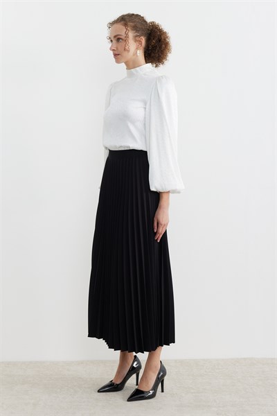 Beli lastikli Pliseli Etek Siyah