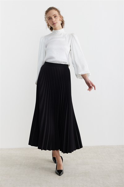 Beli lastikli Pliseli Etek Siyah