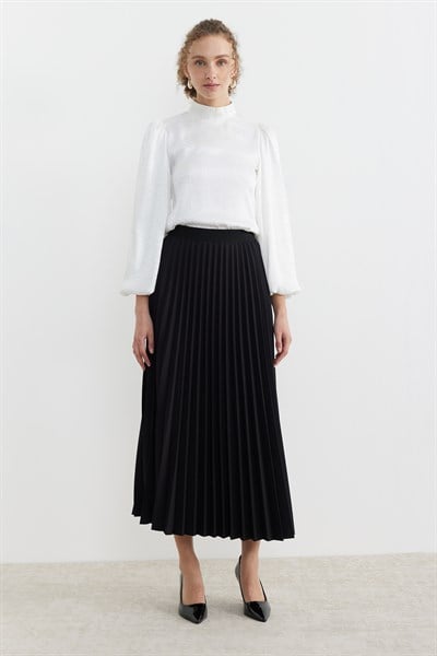 Beli lastikli Pliseli Etek Siyah
