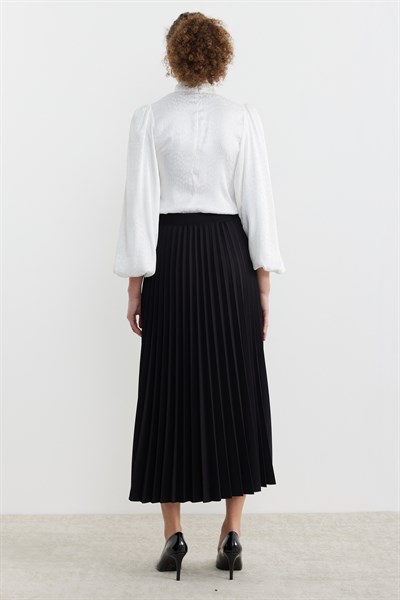 Beli lastikli Pliseli Etek Siyah