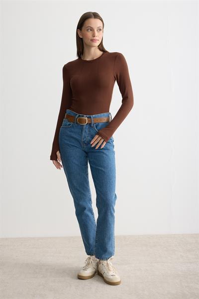 Bisiklet Yaka Parmak Geçmeli Body Acı Kahverengi