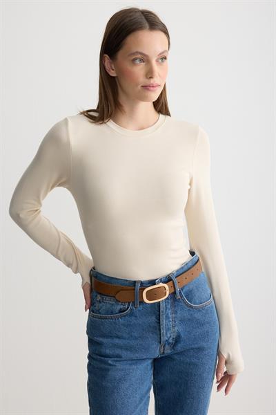 Bisiklet Yaka Parmak Geçmeli Body Bej