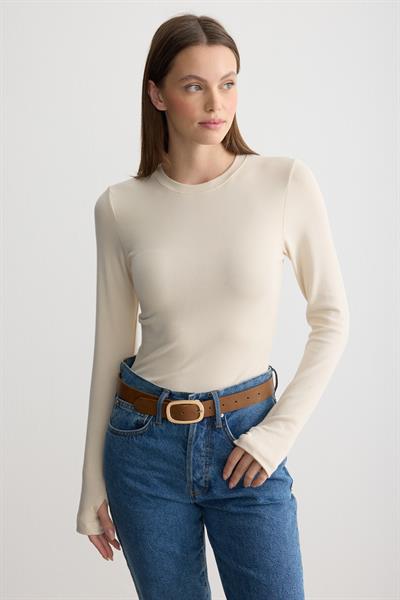 Bisiklet Yaka Parmak Geçmeli Body Bej