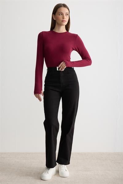 Bisiklet Yaka Parmak Geçmeli Body Bordo