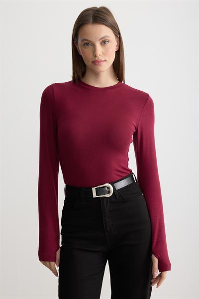 Bisiklet Yaka Parmak Geçmeli Body Bordo