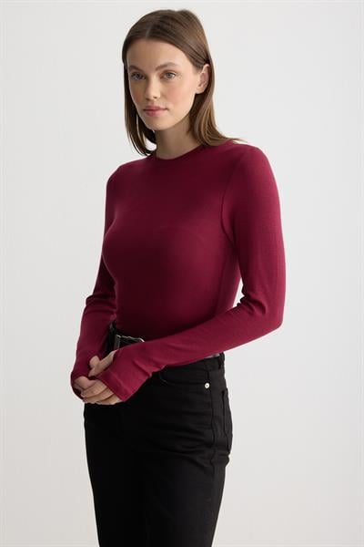 Bisiklet Yaka Parmak Geçmeli Body Bordo