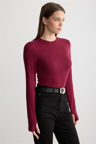 Bisiklet Yaka Parmak Geçmeli Body Bordo
