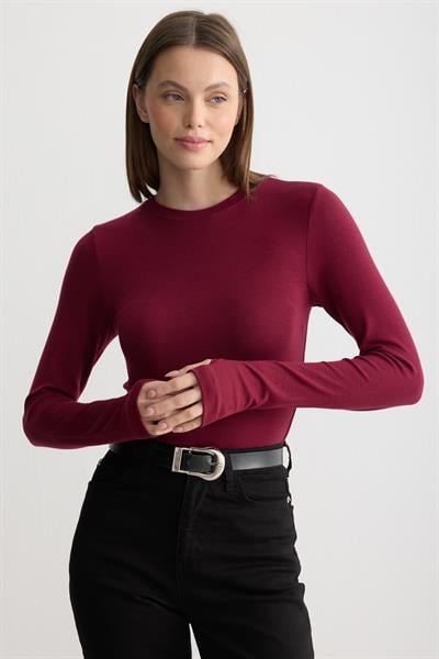 Bisiklet Yaka Parmak Geçmeli Body Bordo
