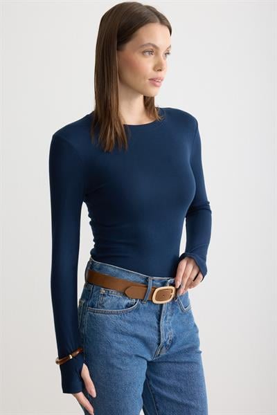 Bisiklet Yaka Parmak Geçmeli Body Lacivert