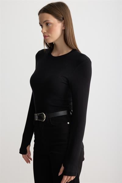 Bisiklet Yaka Parmak Geçmeli Body Siyah