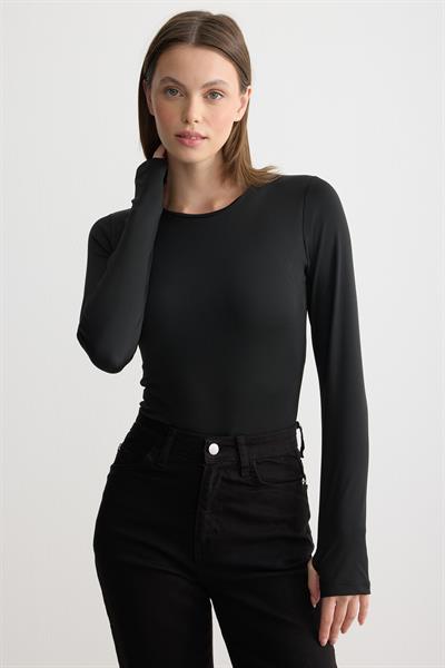 Bisiklet Yaka Parmak Geçmeli Çıtçıtlı Body Siyah