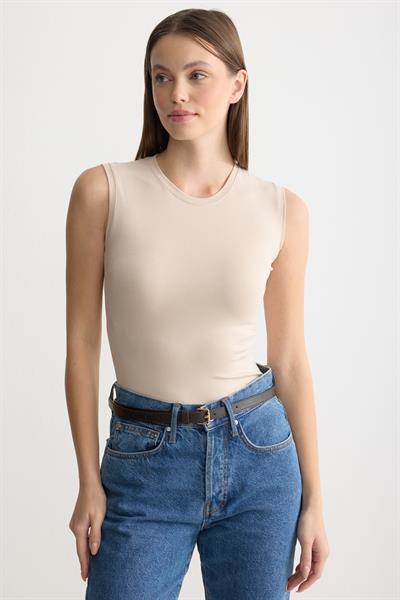 Bisiklet Yaka Sıfır Kol Penye Body Bej