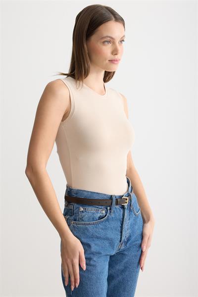 Bisiklet Yaka Sıfır Kol Penye Body Bej