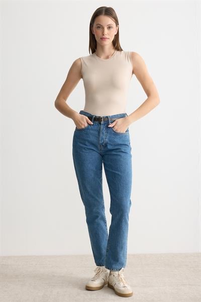 Bisiklet Yaka Sıfır Kol Penye Body Bej