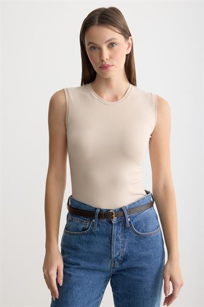 Bisiklet Yaka Sıfır Kol Penye Body Bej