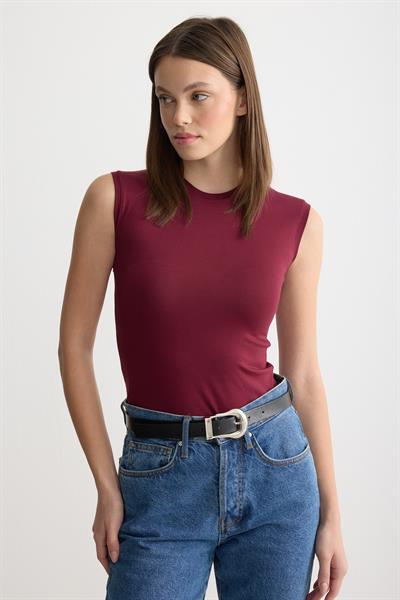 Bisiklet Yaka Sıfır Kol Penye Body Bordo