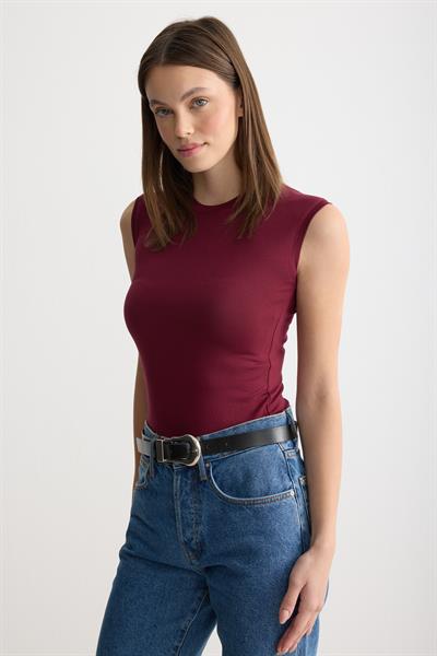 Bisiklet Yaka Sıfır Kol Penye Body Bordo