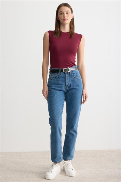 Bisiklet Yaka Sıfır Kol Penye Body Bordo