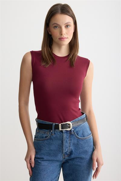 Bisiklet Yaka Sıfır Kol Penye Body Bordo