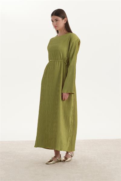 Dokulu Saten Elbise Olive