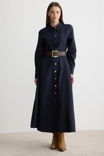 Gömlek Yaka Kemerli Elbise Lacivert