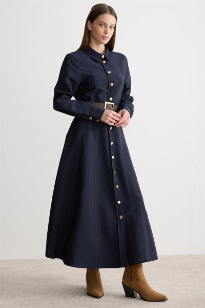 Gömlek Yaka Kemerli Elbise Lacivert