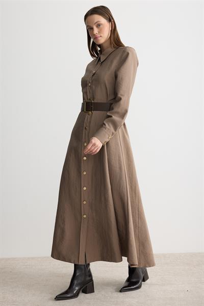 Gömlek Yaka Kemerli Elbise Latte