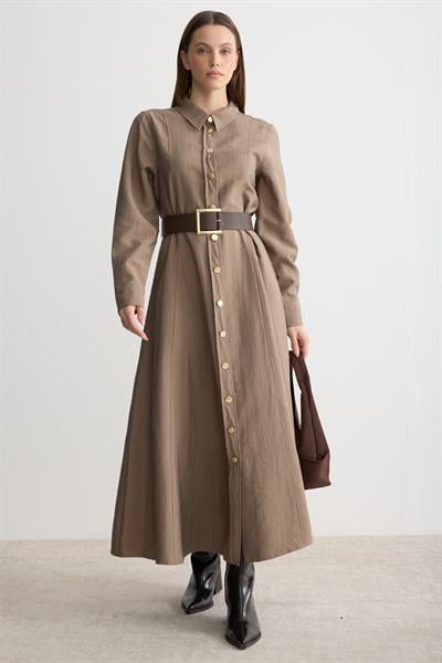 Gömlek Yaka Kemerli Elbise Latte