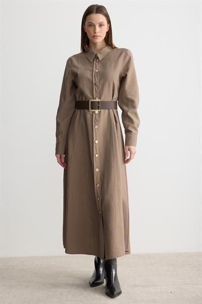 Gömlek Yaka Kemerli Elbise Latte