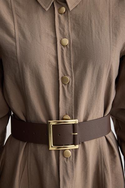 Gömlek Yaka Kemerli Elbise Latte