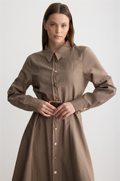 Gömlek Yaka Kemerli Elbise Latte