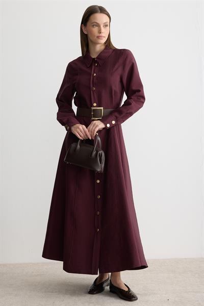 Gömlek Yaka Kemerli Elbise Mürdüm