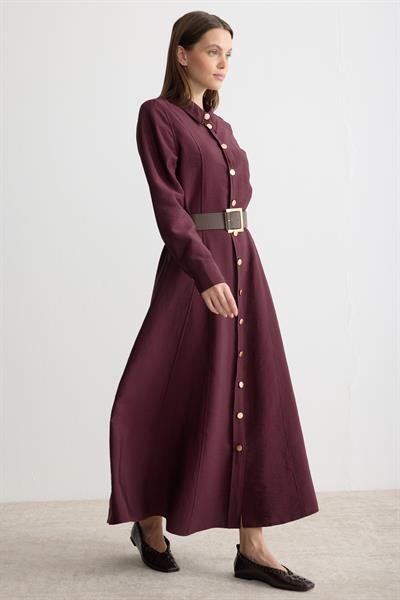 Gömlek Yaka Kemerli Elbise Mürdüm