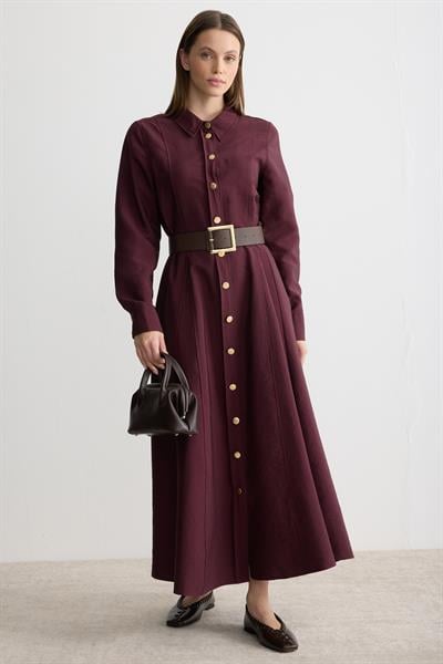 Gömlek Yaka Kemerli Elbise Mürdüm