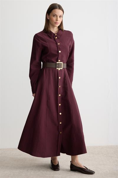 Gömlek Yaka Kemerli Elbise Mürdüm