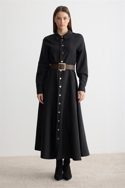 Gömlek Yaka Kemerli Elbise Siyah