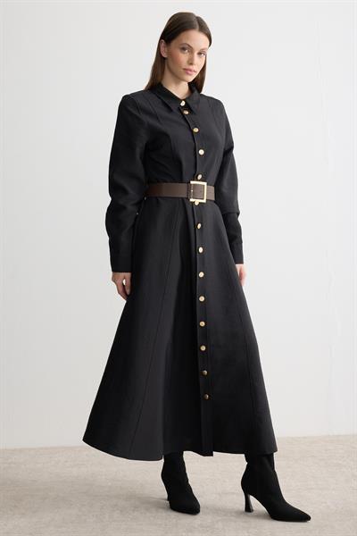 Gömlek Yaka Kemerli Elbise Siyah