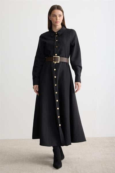 Gömlek Yaka Kemerli Elbise Siyah