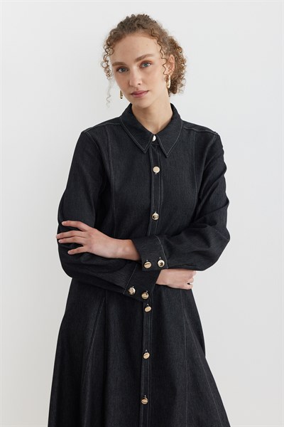 Gömlek Yaka Kemerli Kot Elbise Antrasit