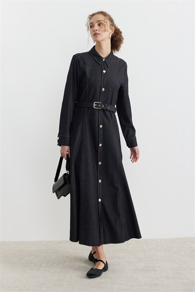 Gömlek Yaka Kemerli Kot Elbise Antrasit