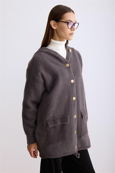 Kapşonlu Düğmeli Angora Hırka Antrasit