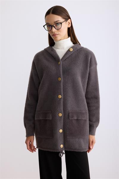 Kapşonlu Düğmeli Angora Hırka Antrasit